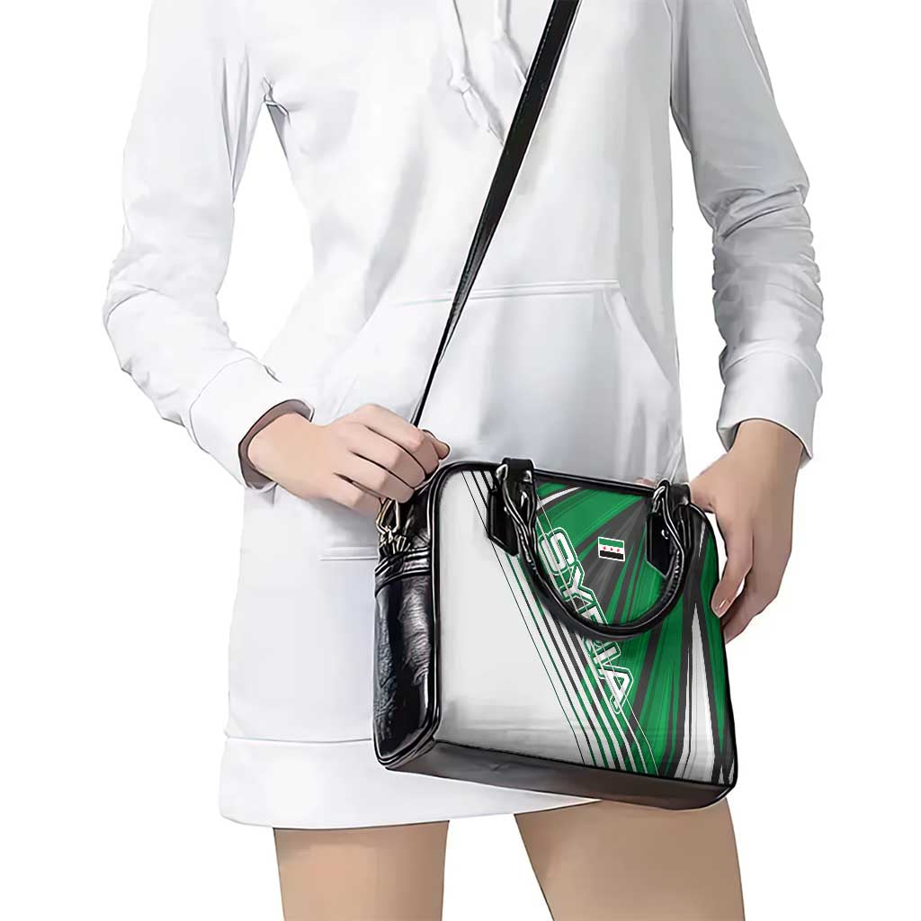 Modern Syria Flag Shoulder Handbag with Green and Black Diagonal Stripe Design