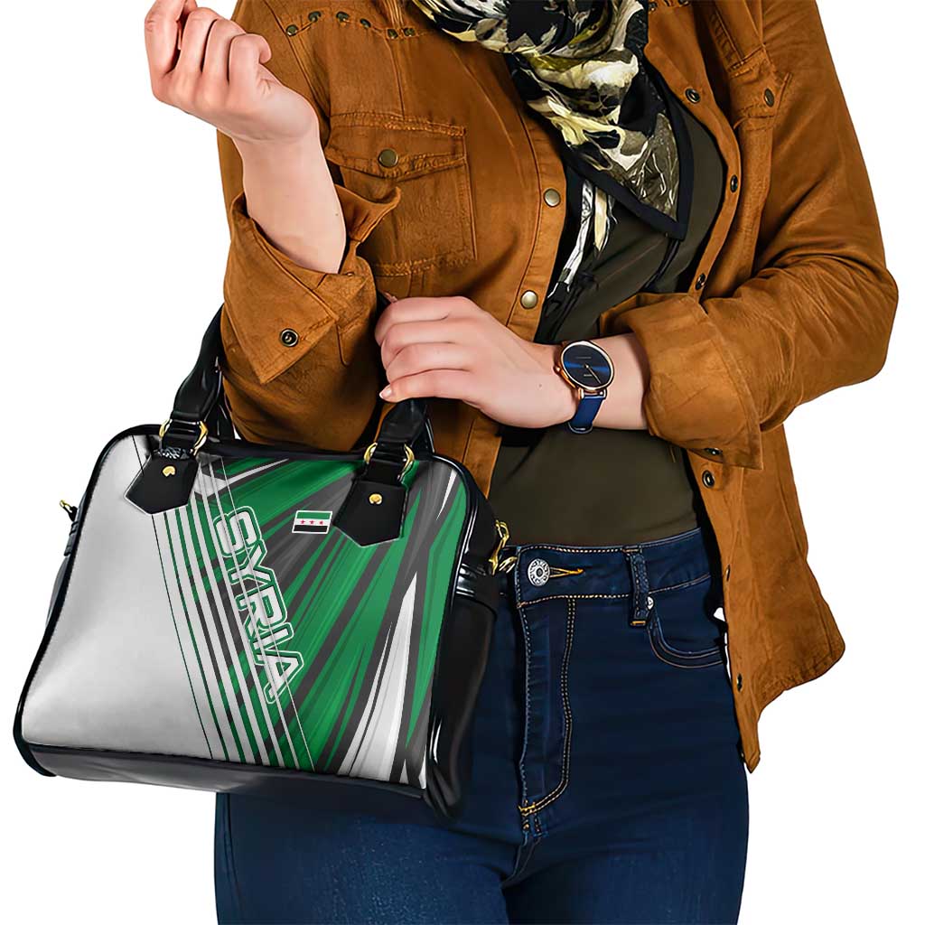 Modern Syria Flag Shoulder Handbag with Green and Black Diagonal Stripe Design