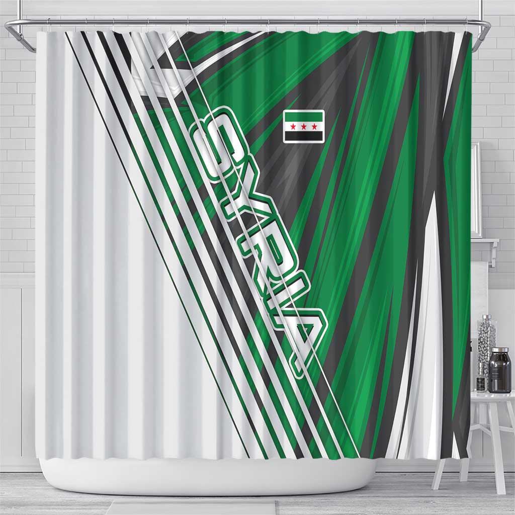 Modern Syria Flag Shower Curtain with Green and Black Diagonal Stripe Design
