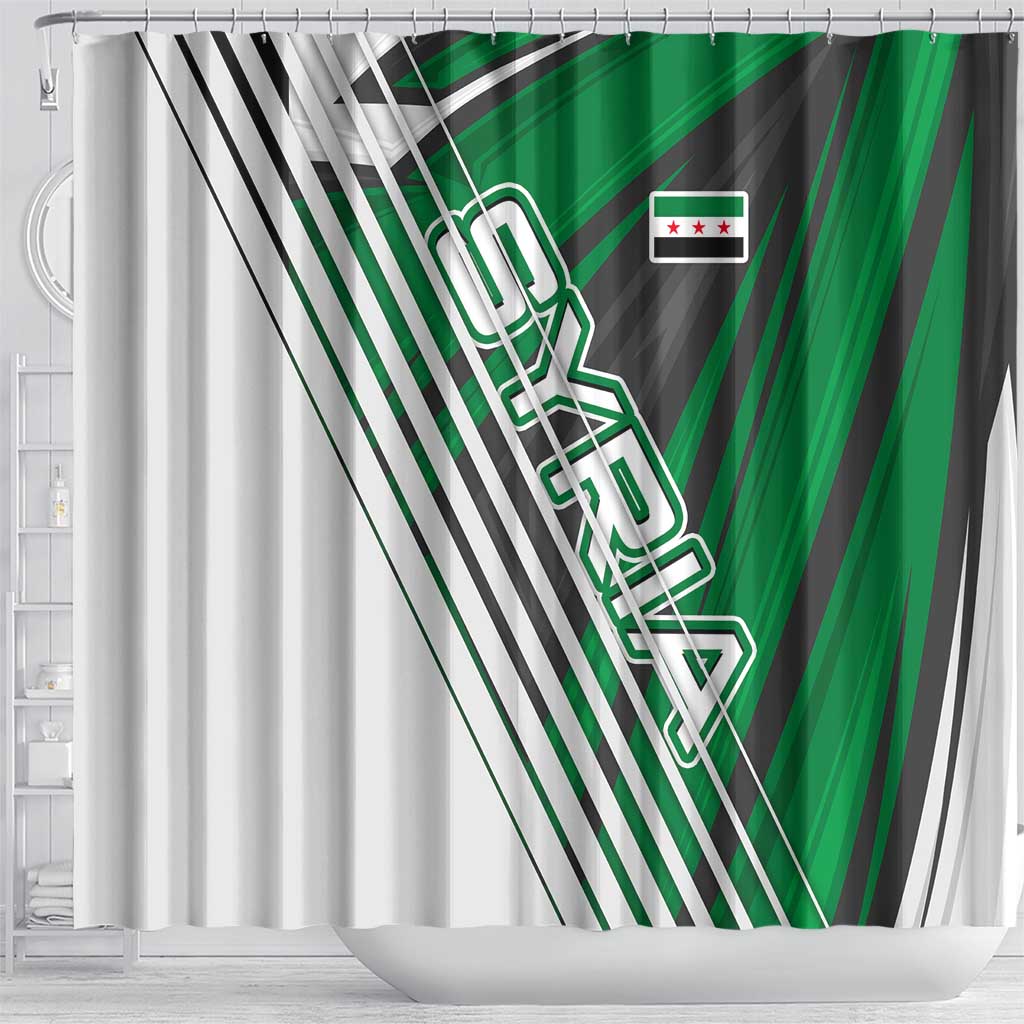 Modern Syria Flag Shower Curtain with Green and Black Diagonal Stripe Design
