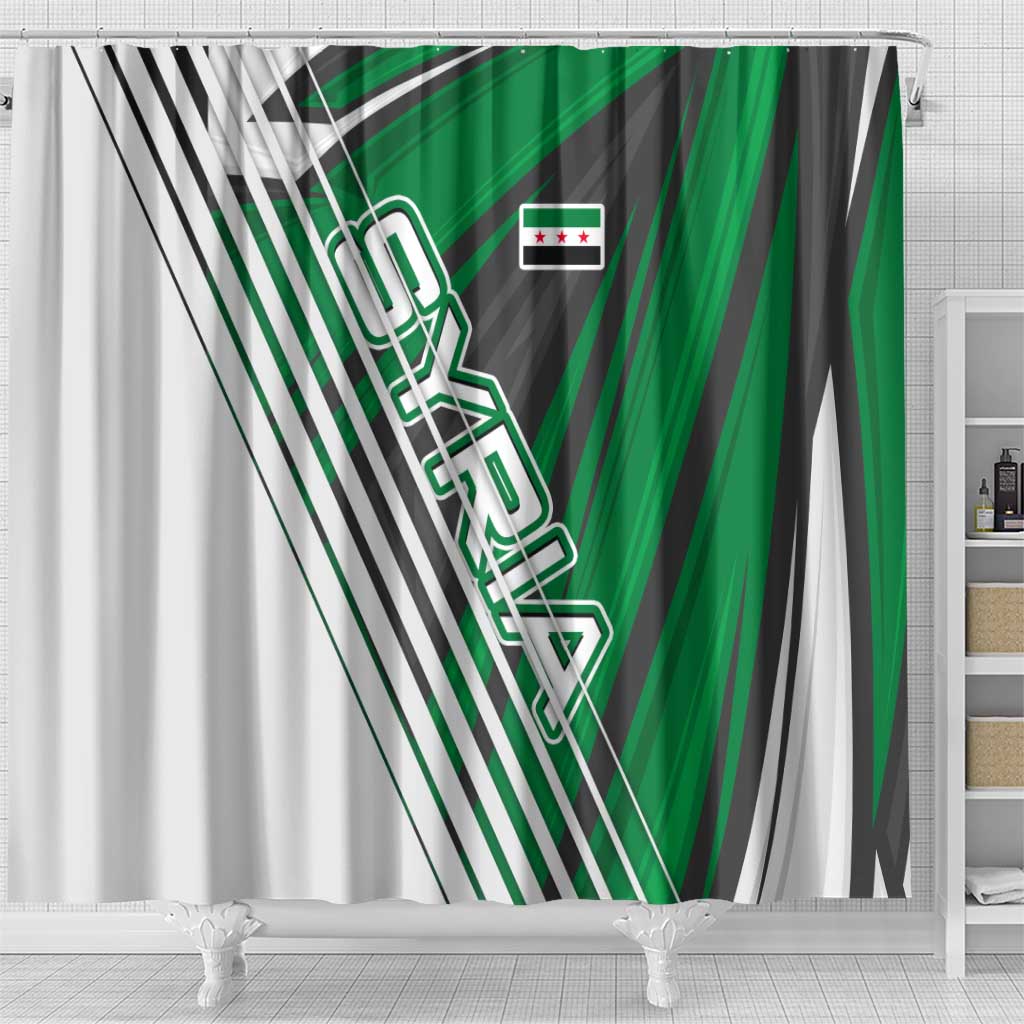 Modern Syria Flag Shower Curtain with Green and Black Diagonal Stripe Design