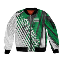 Modern Syria Flag Sleeve Zip Bomber Jacket with Green and Black Diagonal Stripe Design
