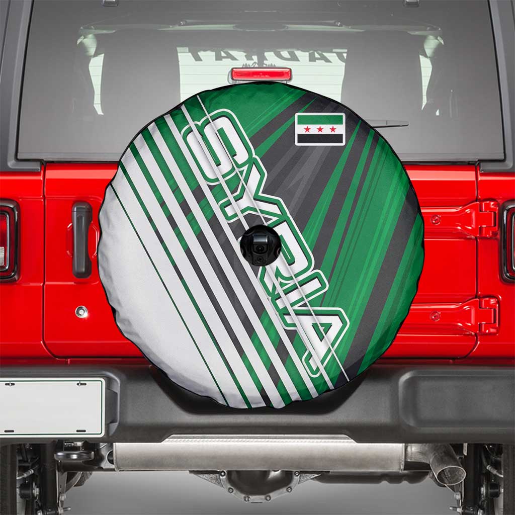 Modern Syria Flag Spare Tire Cover with Green and Black Diagonal Stripe Design