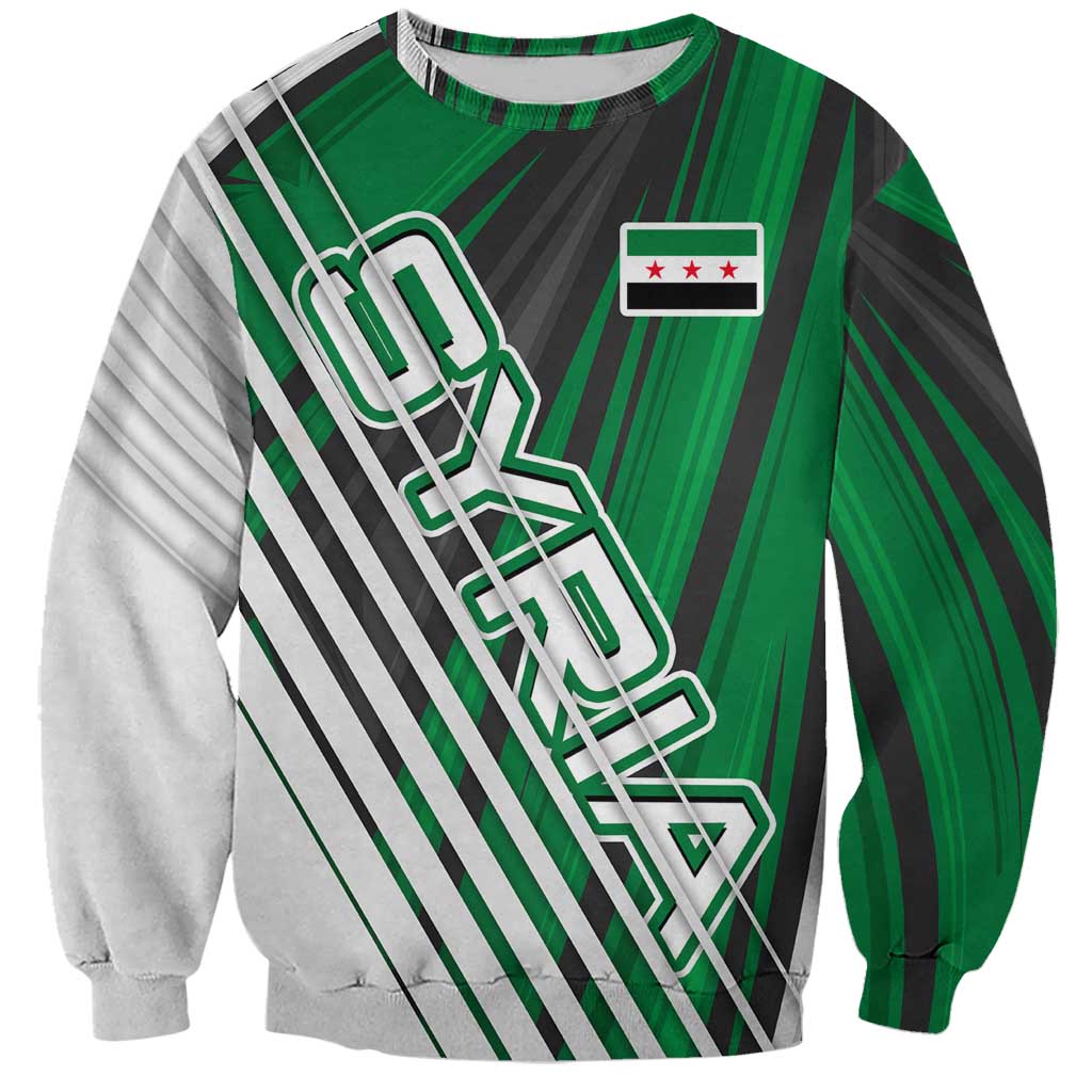 Modern Syria Flag Sweatshirt with Green and Black Diagonal Stripe Design