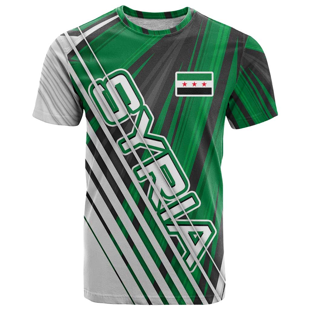 Modern Syria Flag T Shirt with Green and Black Diagonal Stripe Design