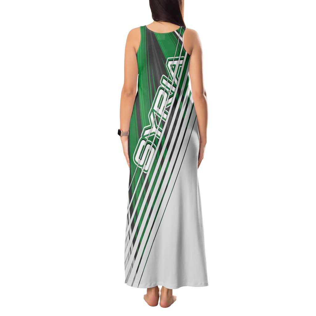 Modern Syria Flag Tank Maxi Dress with Green and Black Diagonal Stripe Design