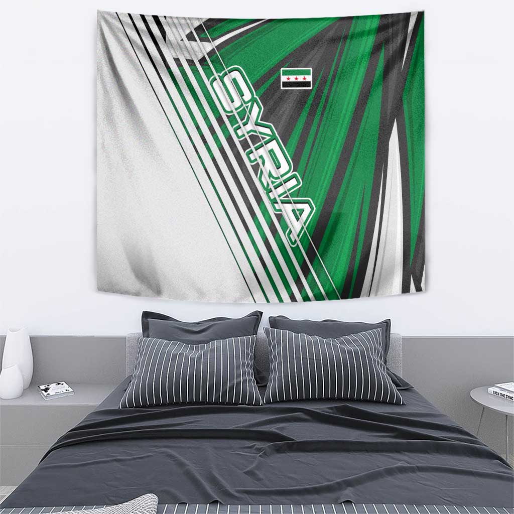 Modern Syria Flag Tapestry with Green and Black Diagonal Stripe Design