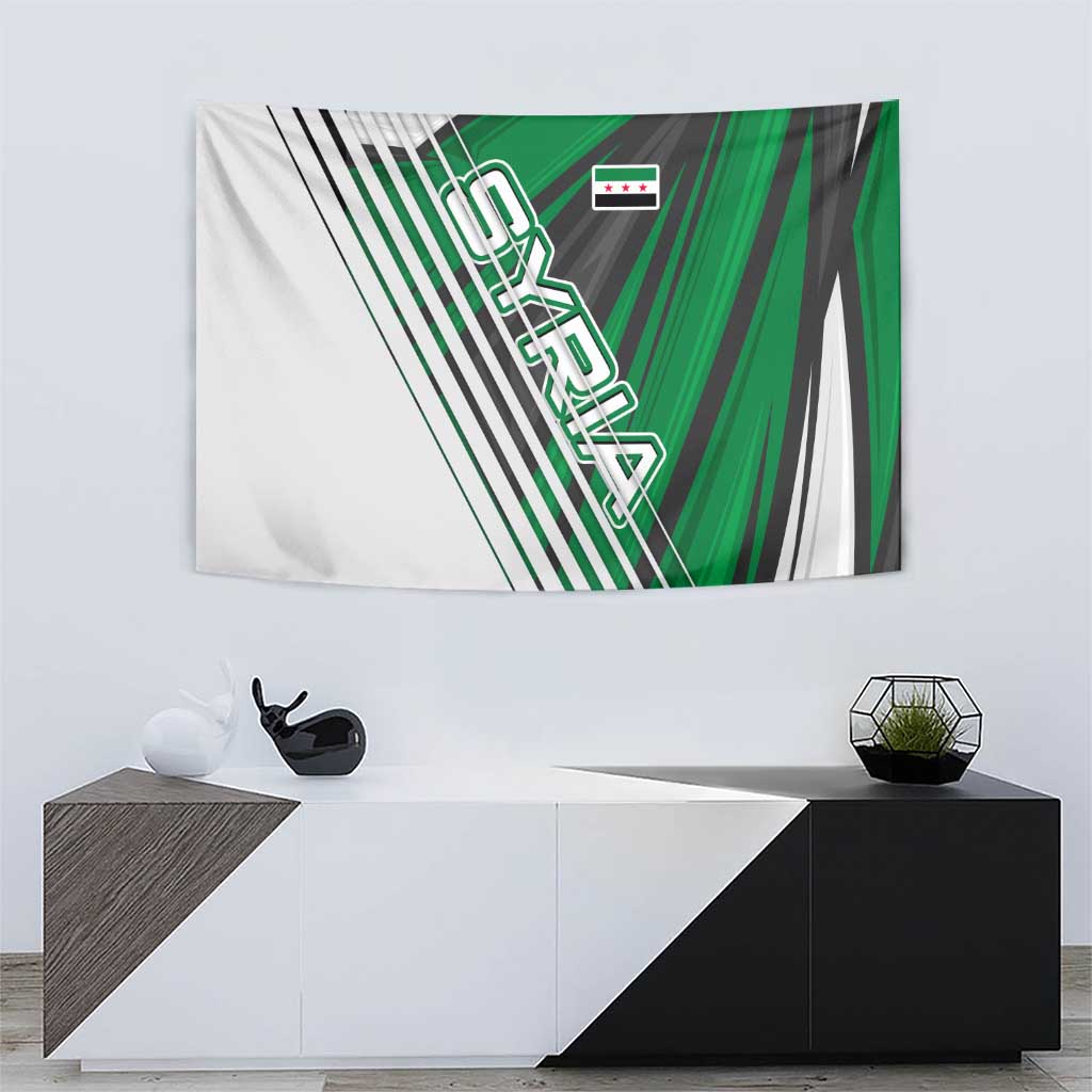 Modern Syria Flag Tapestry with Green and Black Diagonal Stripe Design