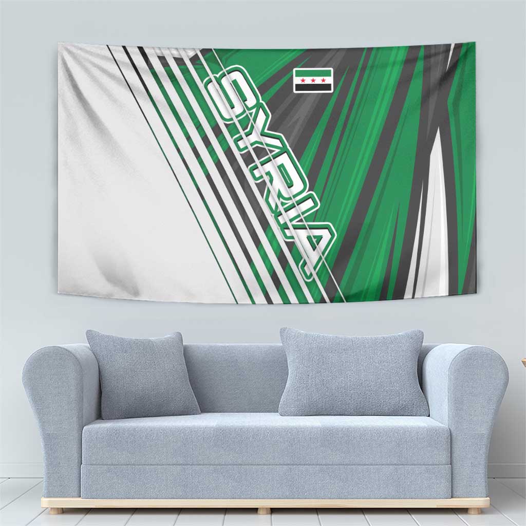 Modern Syria Flag Tapestry with Green and Black Diagonal Stripe Design