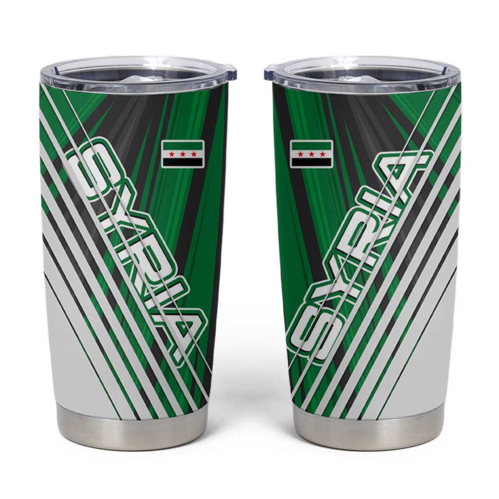 Modern Syria Flag Tumbler Cup with Green and Black Diagonal Stripe Design