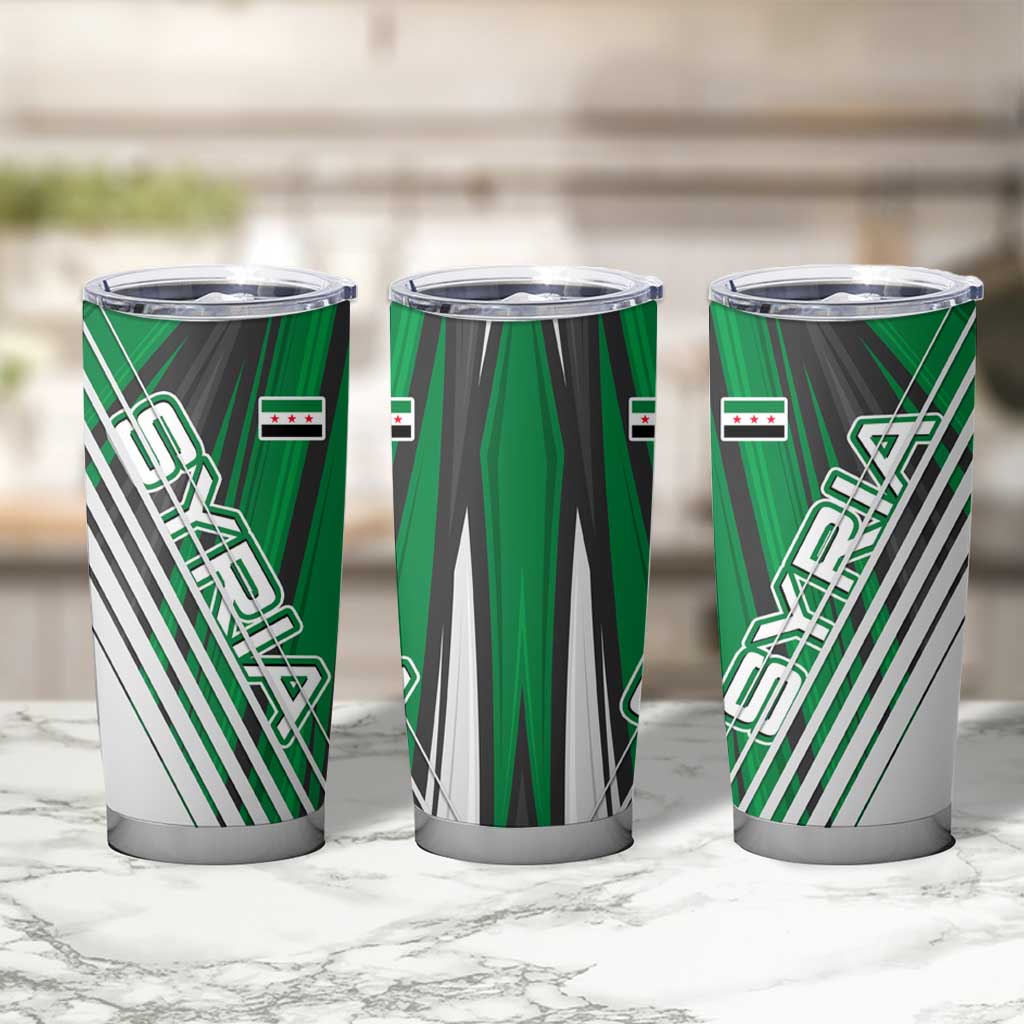 Modern Syria Flag Tumbler Cup with Green and Black Diagonal Stripe Design