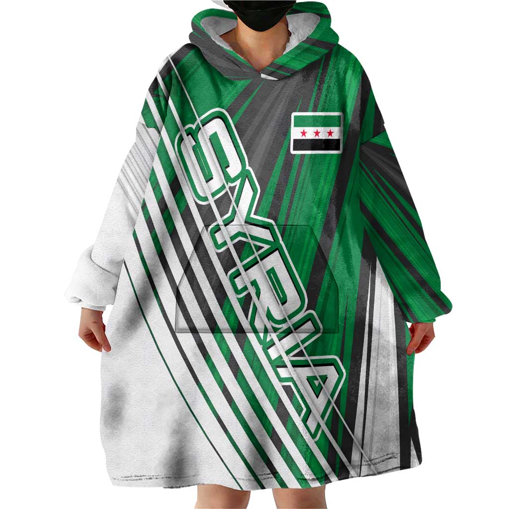 Modern Syria Flag Wearable Blanket Hoodie with Green and Black Diagonal Stripe Design