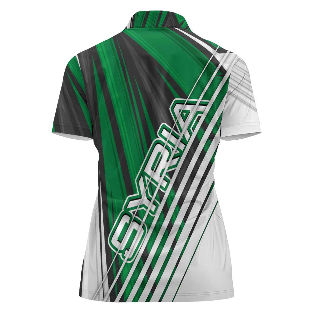 Modern Syria Flag Women Polo Shirt with Green and Black Diagonal Stripe Design