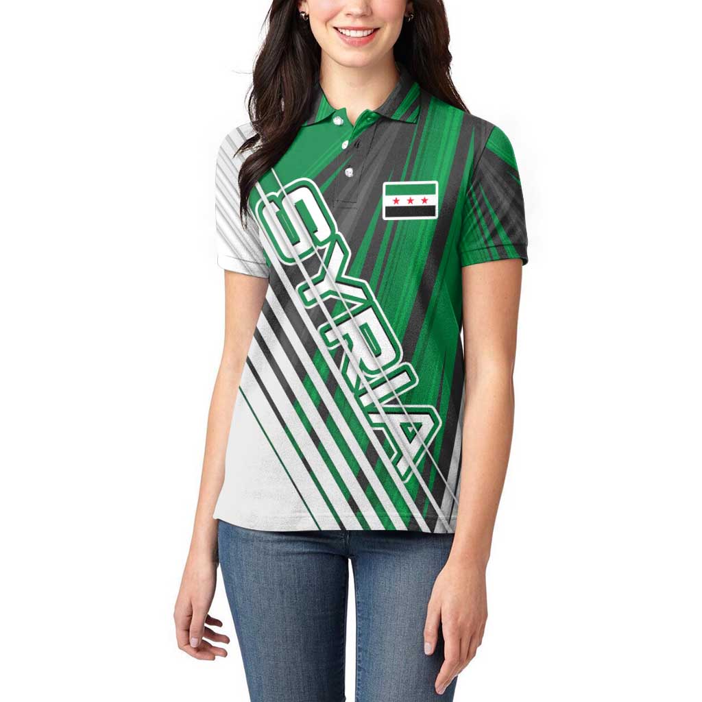 Modern Syria Flag Women Polo Shirt with Green and Black Diagonal Stripe Design