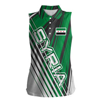 Modern Syria Flag Women Sleeveless Polo Shirt with Green and Black Diagonal Stripe Design