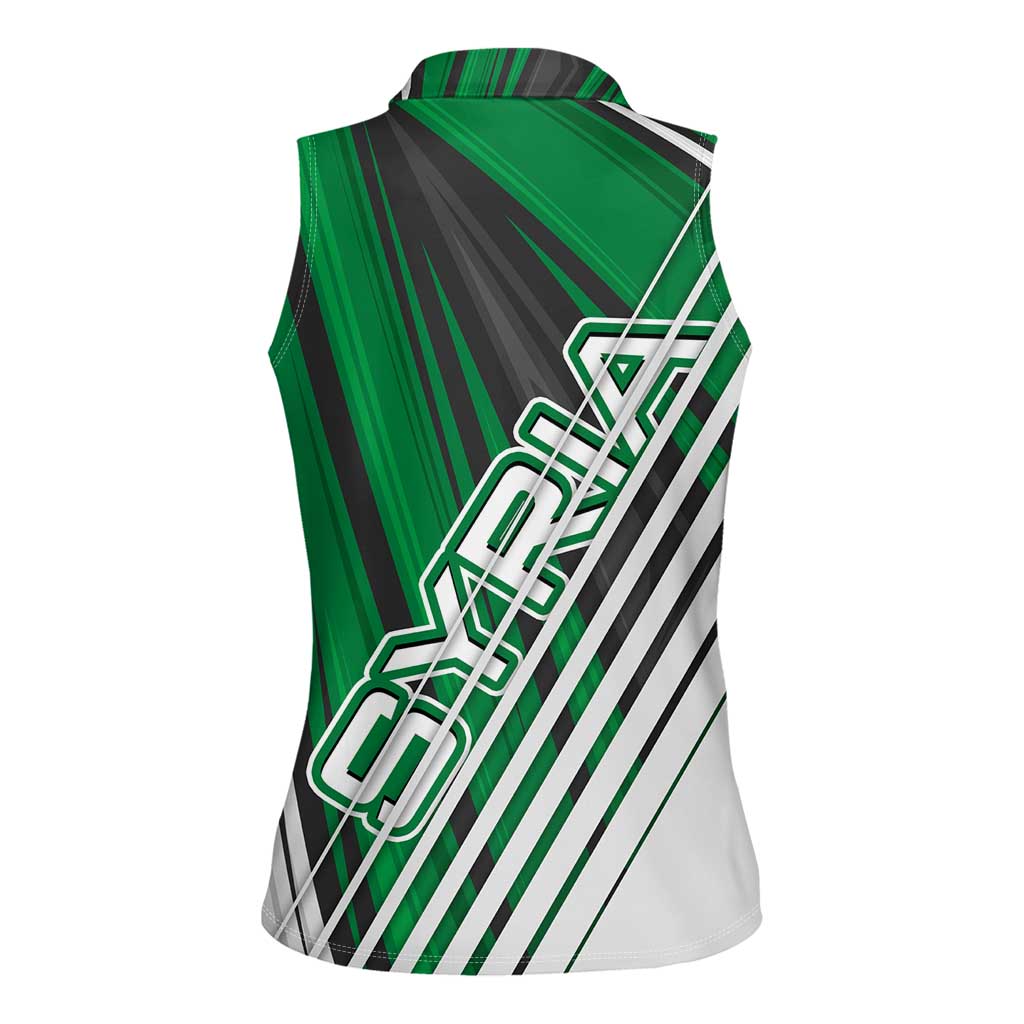 Modern Syria Flag Women Sleeveless Polo Shirt with Green and Black Diagonal Stripe Design