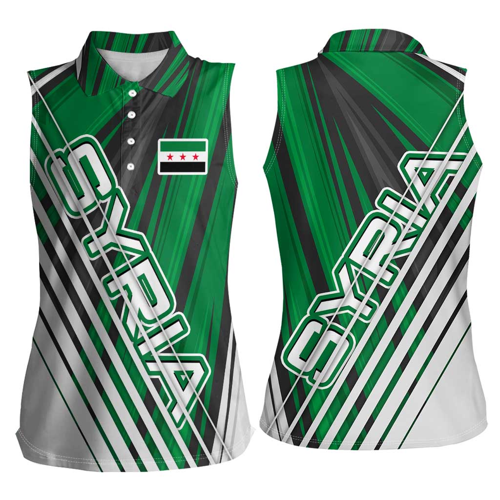 Modern Syria Flag Women Sleeveless Polo Shirt with Green and Black Diagonal Stripe Design