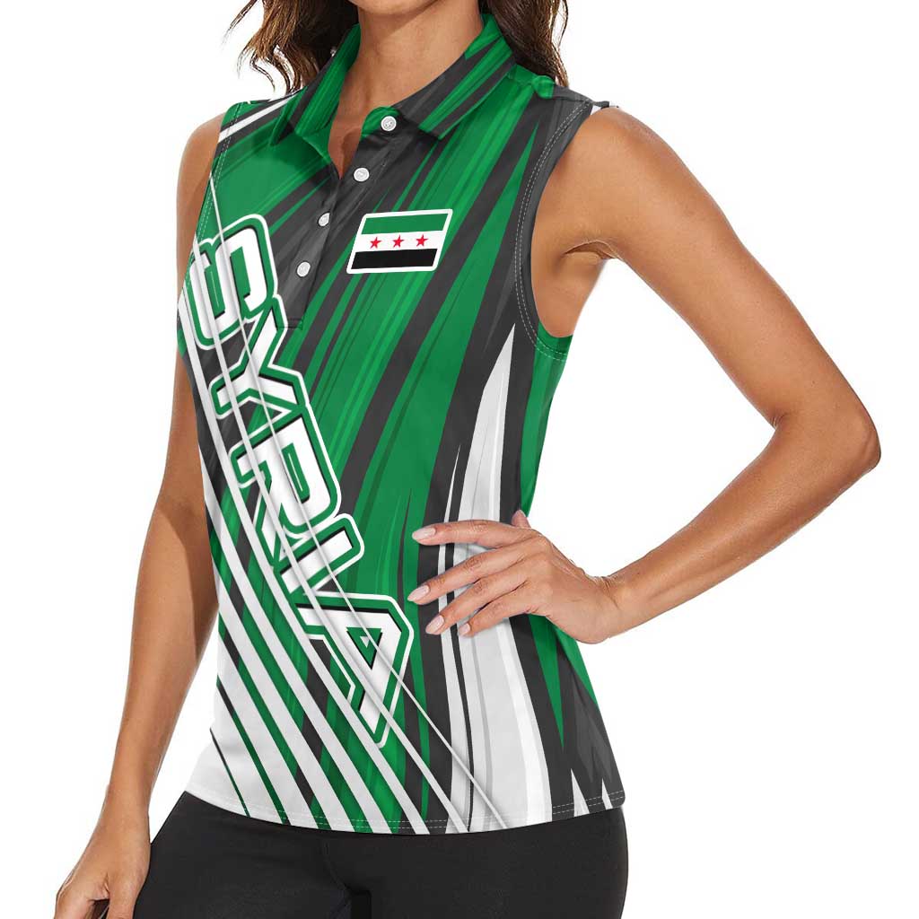 Modern Syria Flag Women Sleeveless Polo Shirt with Green and Black Diagonal Stripe Design