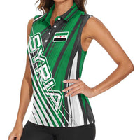 Modern Syria Flag Women Sleeveless Polo Shirt with Green and Black Diagonal Stripe Design