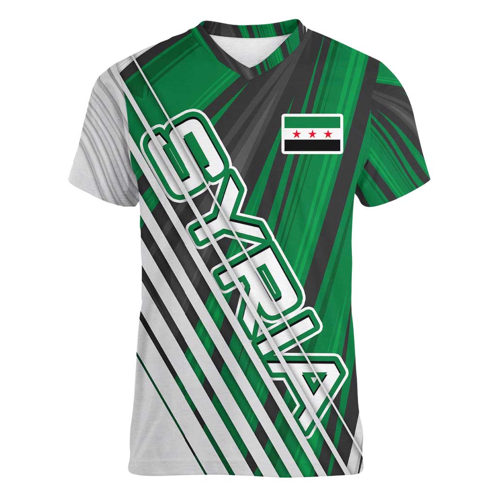 Modern Syria Flag Women V-Neck T-Shirt with Green and Black Diagonal Stripe Design