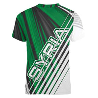 Modern Syria Flag Women V-Neck T-Shirt with Green and Black Diagonal Stripe Design