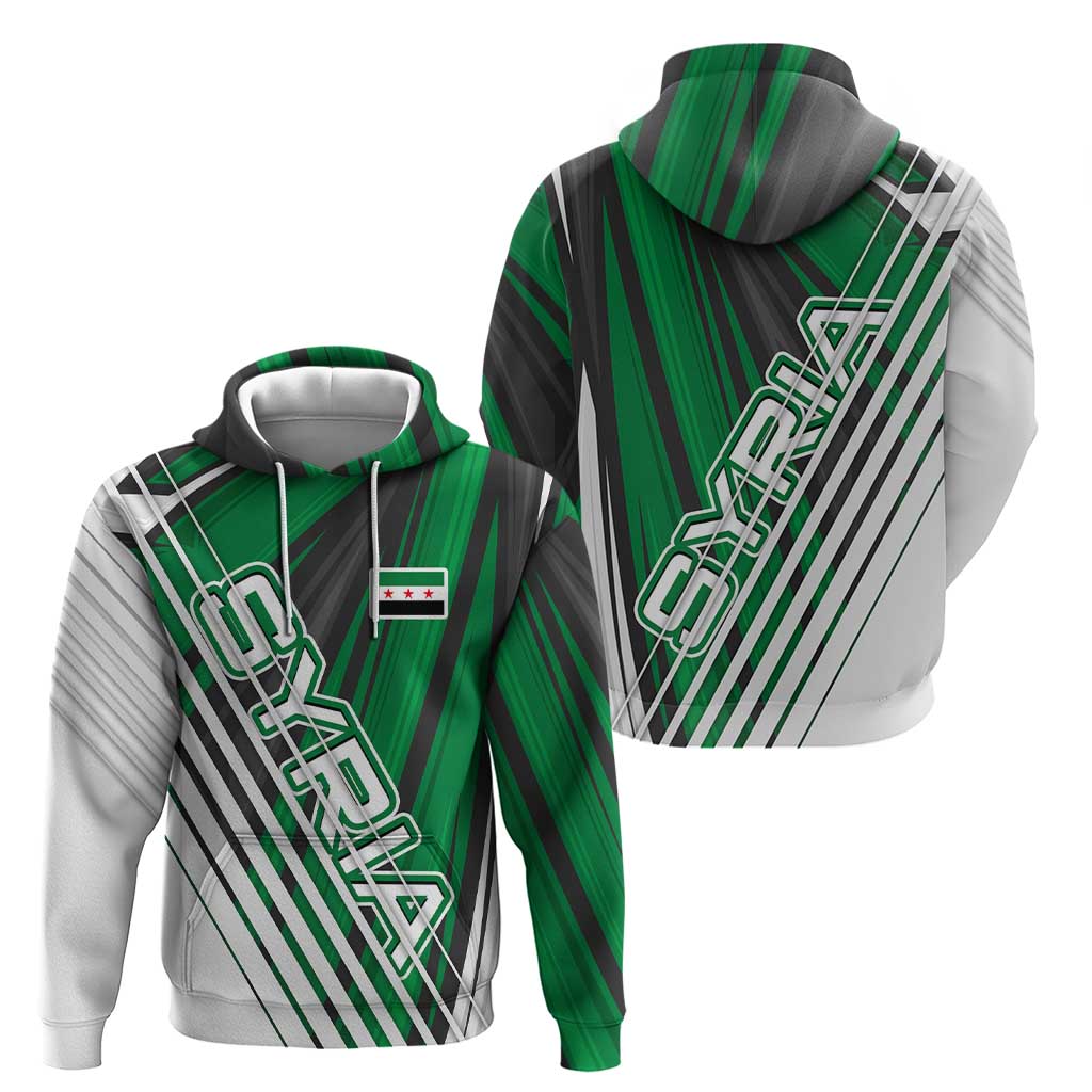 Modern Syria Flag Zip Hoodie with Green and Black Diagonal Stripe Design