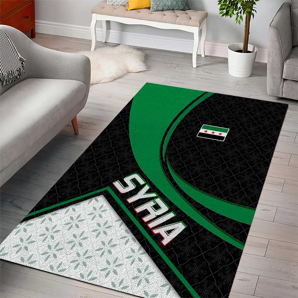 Syria Revolution Emblem Area Rug with Traditional Pattern and Curved Green Black Design