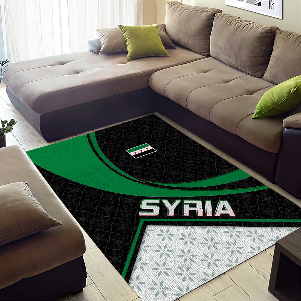 Syria Revolution Emblem Area Rug with Traditional Pattern and Curved Green Black Design