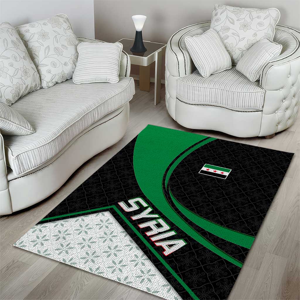 Syria Revolution Emblem Area Rug with Traditional Pattern and Curved Green Black Design