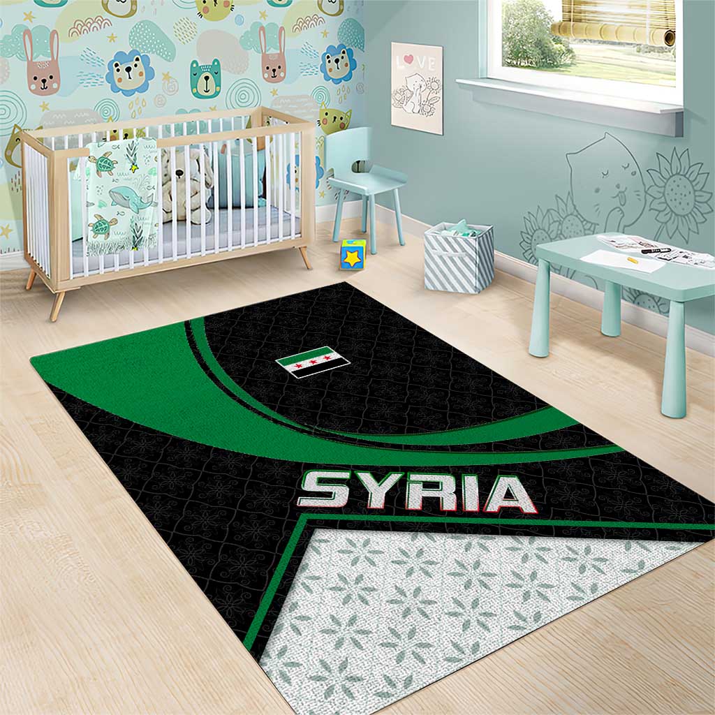 Syria Revolution Emblem Area Rug with Traditional Pattern and Curved Green Black Design