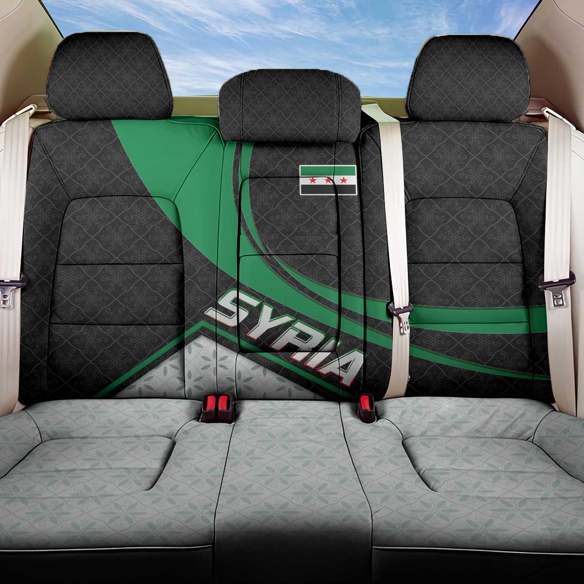 Syria Revolution Emblem Back Car Seat Cover with Traditional Pattern and Curved Green Black Design
