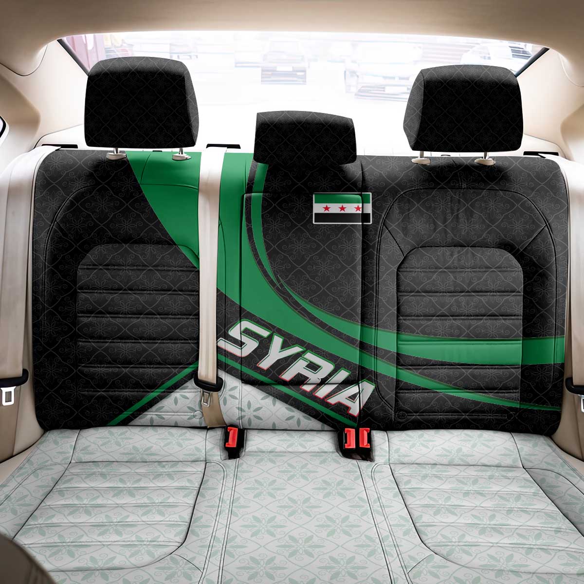 Syria Revolution Emblem Back Car Seat Cover with Traditional Pattern and Curved Green Black Design