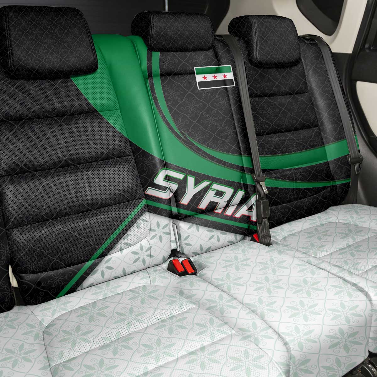 Syria Revolution Emblem Back Car Seat Cover with Traditional Pattern and Curved Green Black Design