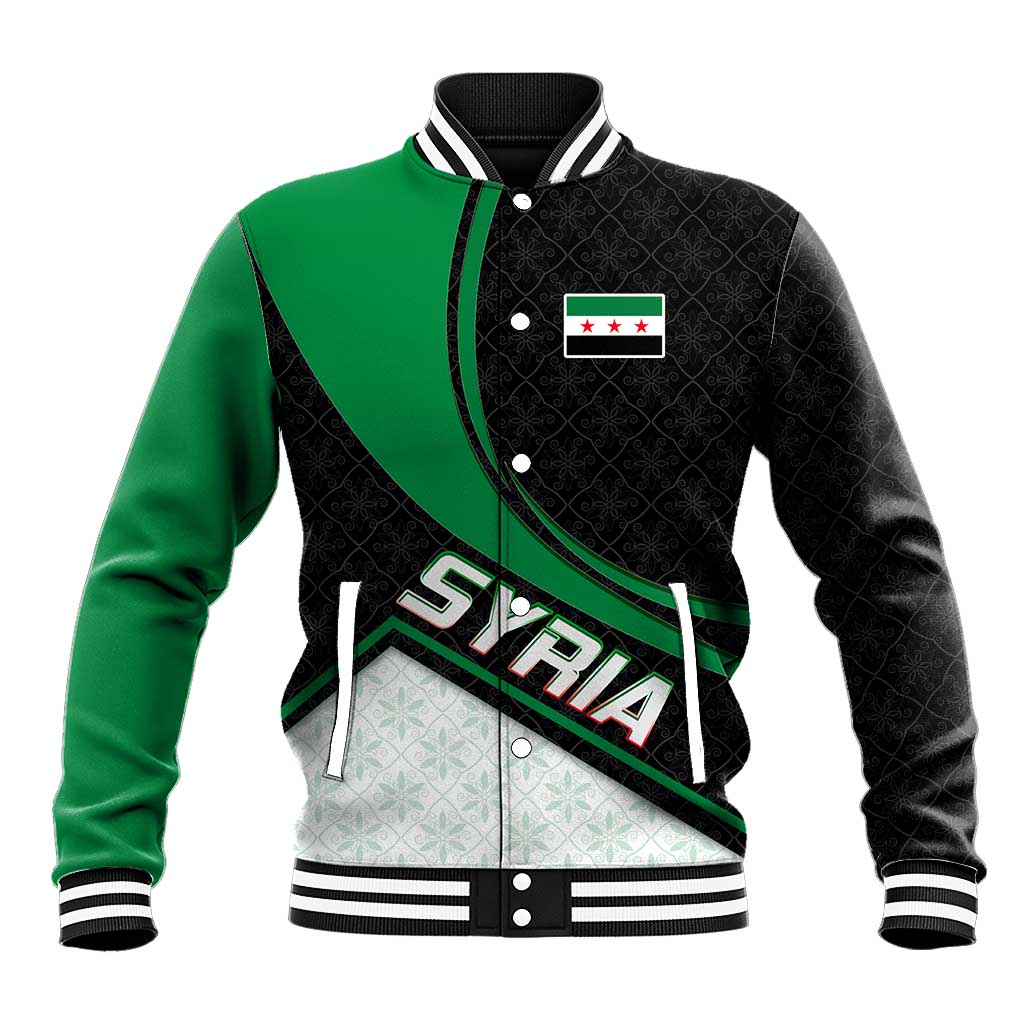 Syria Revolution Emblem Baseball Jacket with Traditional Pattern and Curved Green Black Design