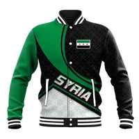 Syria Revolution Emblem Baseball Jacket with Traditional Pattern and Curved Green Black Design