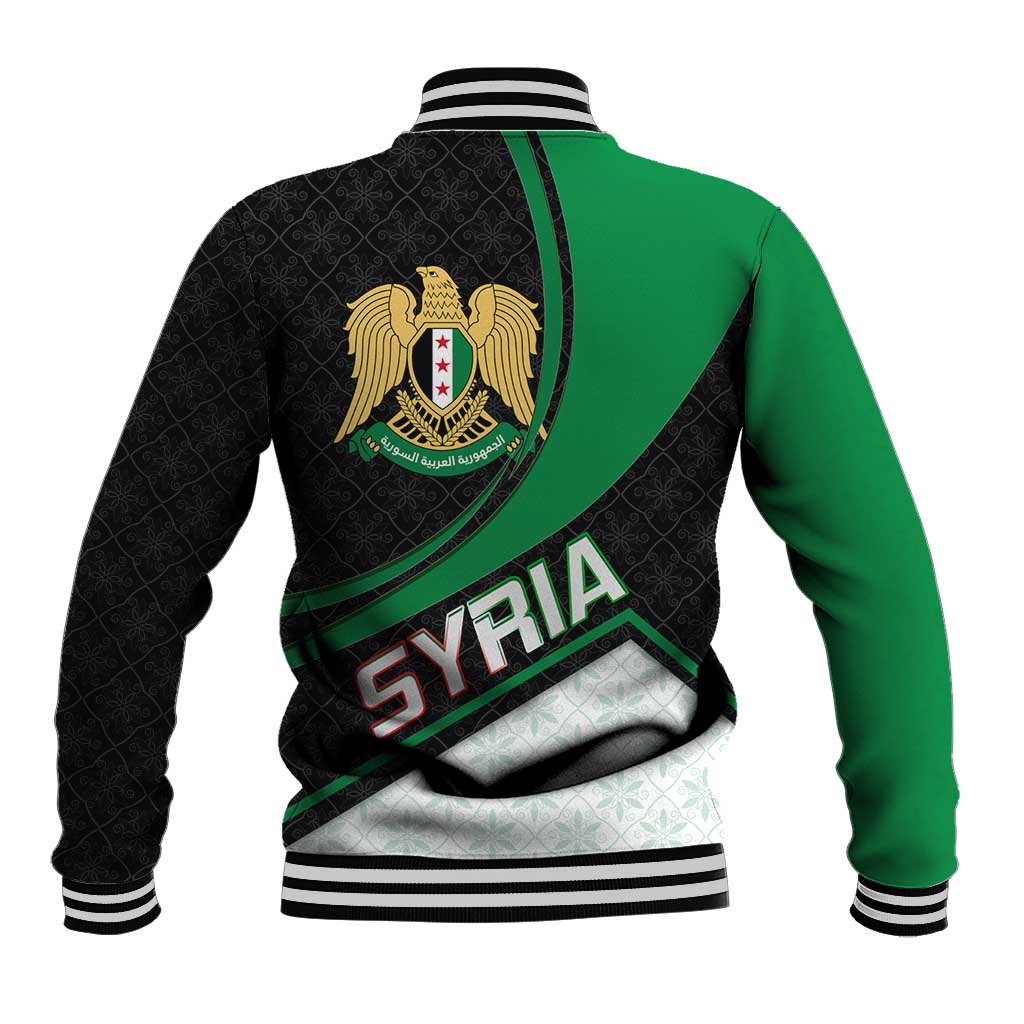 Syria Revolution Emblem Baseball Jacket with Traditional Pattern and Curved Green Black Design