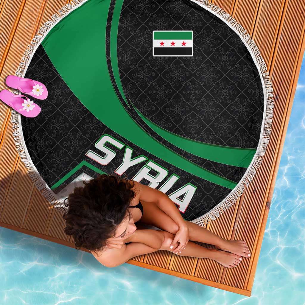 Syria Revolution Emblem Beach Blanket with Traditional Pattern and Curved Green Black Design