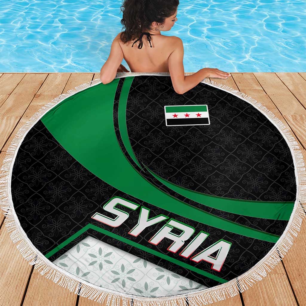 Syria Revolution Emblem Beach Blanket with Traditional Pattern and Curved Green Black Design