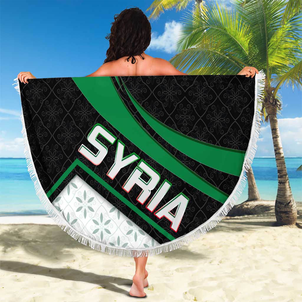 Syria Revolution Emblem Beach Blanket with Traditional Pattern and Curved Green Black Design