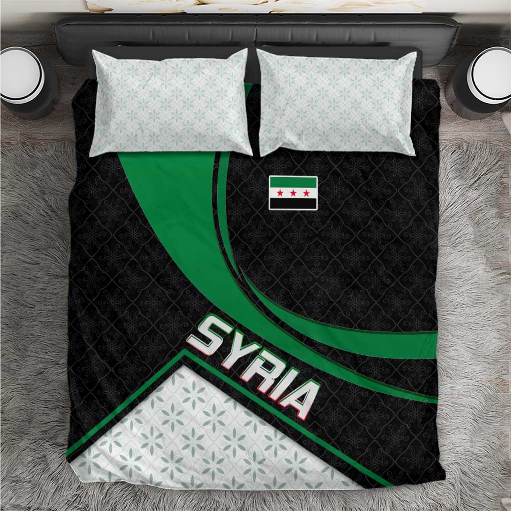 Syria Revolution Emblem Bedding Set with Traditional Pattern and Curved Green Black Design