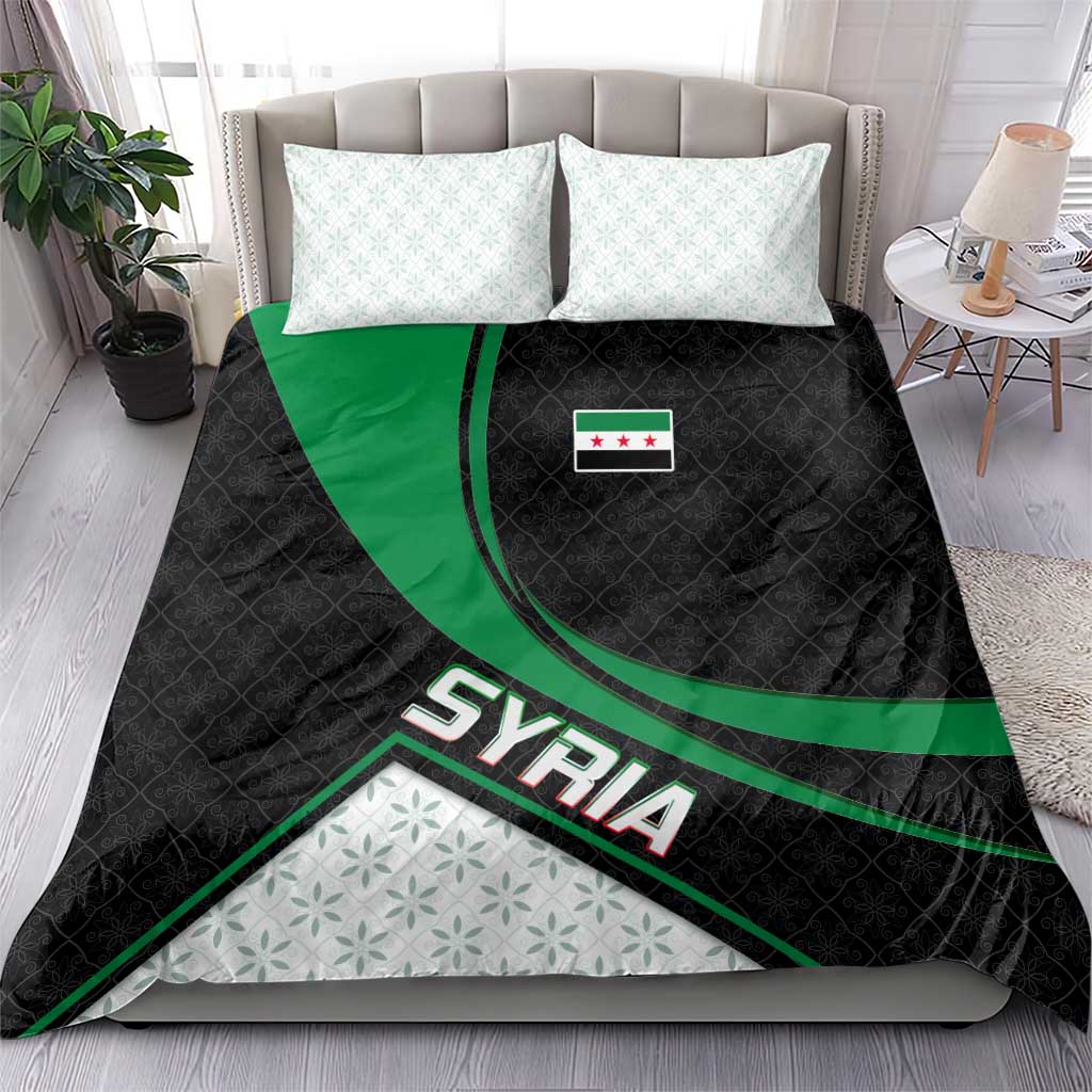 Syria Revolution Emblem Bedding Set with Traditional Pattern and Curved Green Black Design