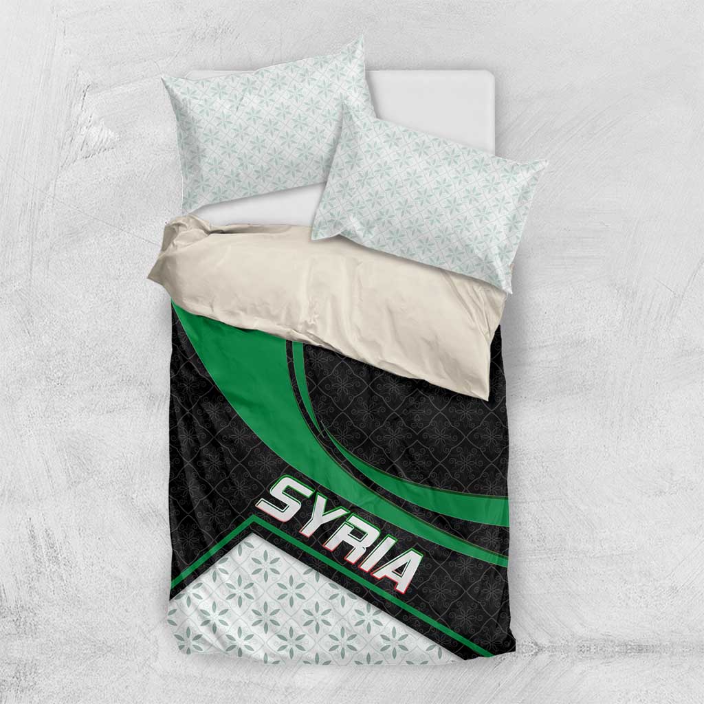 Syria Revolution Emblem Bedding Set with Traditional Pattern and Curved Green Black Design