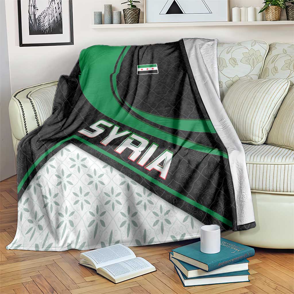Syria Revolution Emblem Blanket with Traditional Pattern and Curved Green Black Design
