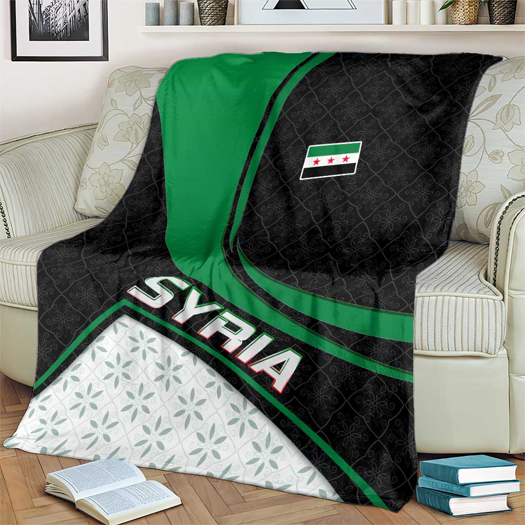 Syria Revolution Emblem Blanket with Traditional Pattern and Curved Green Black Design