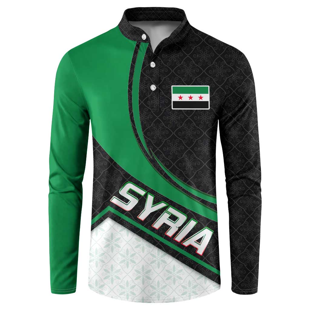 Syria Revolution Emblem Button Sweatshirt with Traditional Pattern and Curved Green Black Design