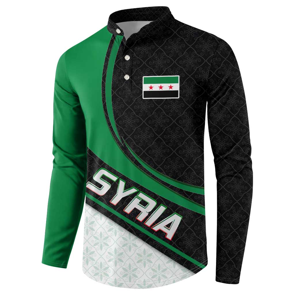 Syria Revolution Emblem Button Sweatshirt with Traditional Pattern and Curved Green Black Design