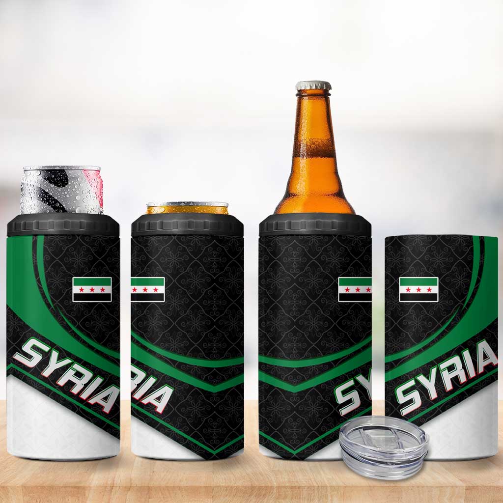 Syria Revolution Emblem 4 in 1 Can Cooler Tumbler with Traditional Pattern and Curved Green Black Design