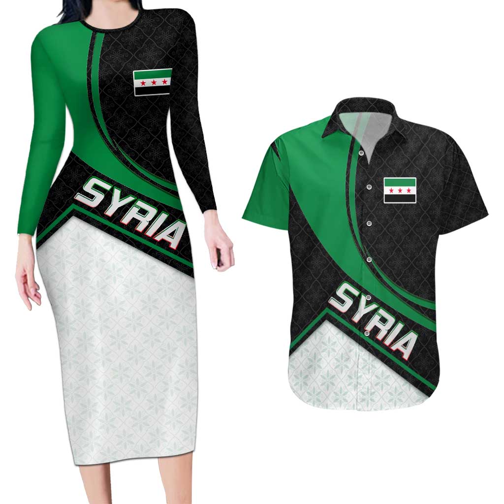 Syria Revolution Emblem Couples Matching Long Sleeve Bodycon Dress and Hawaiian Shirt with Traditional Pattern and Curved Green Black Design
