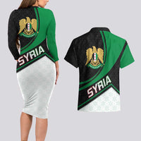 Syria Revolution Emblem Couples Matching Long Sleeve Bodycon Dress and Hawaiian Shirt with Traditional Pattern and Curved Green Black Design