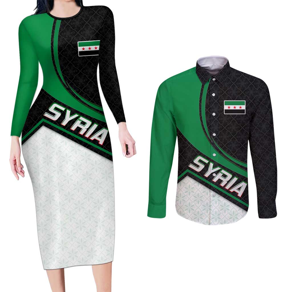 Syria Revolution Emblem Couples Matching Long Sleeve Bodycon Dress and Long Sleeve Button Shirt with Traditional Pattern and Curved Green Black Design